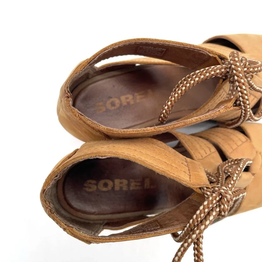 Sorel Joanie Lace Wedge Sandals Womens Size 10 Camel Tan Leather Gladiator